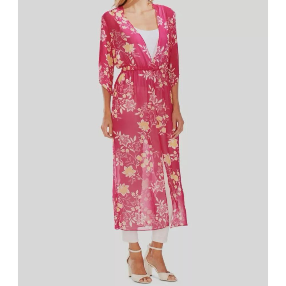 Vince Camuto Women's Pink V-neck Floral Chiffon Cover up Duster Size Med
